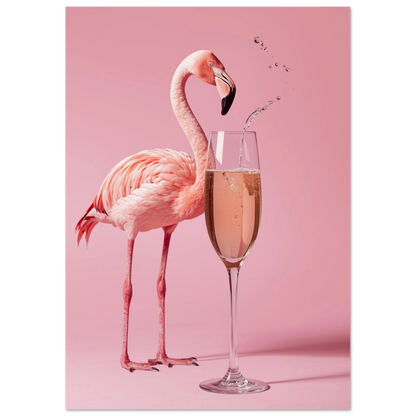 Lekfullt djurmotiv med flamingo och champagneglas, modern väggkonst i rosa toner