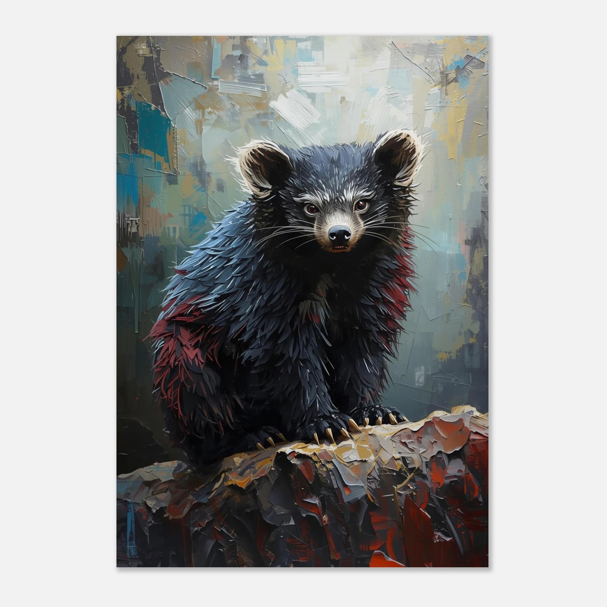 Konsttryck av en binturong med grov textur och dämpad färgskala