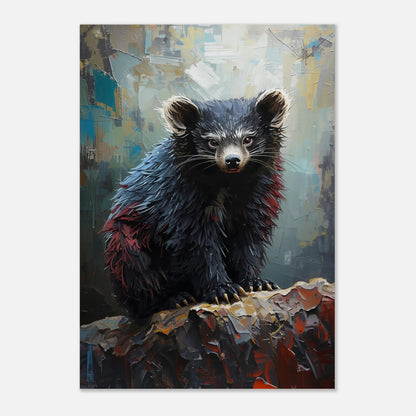Konsttryck av en binturong med grov textur och dämpad färgskala