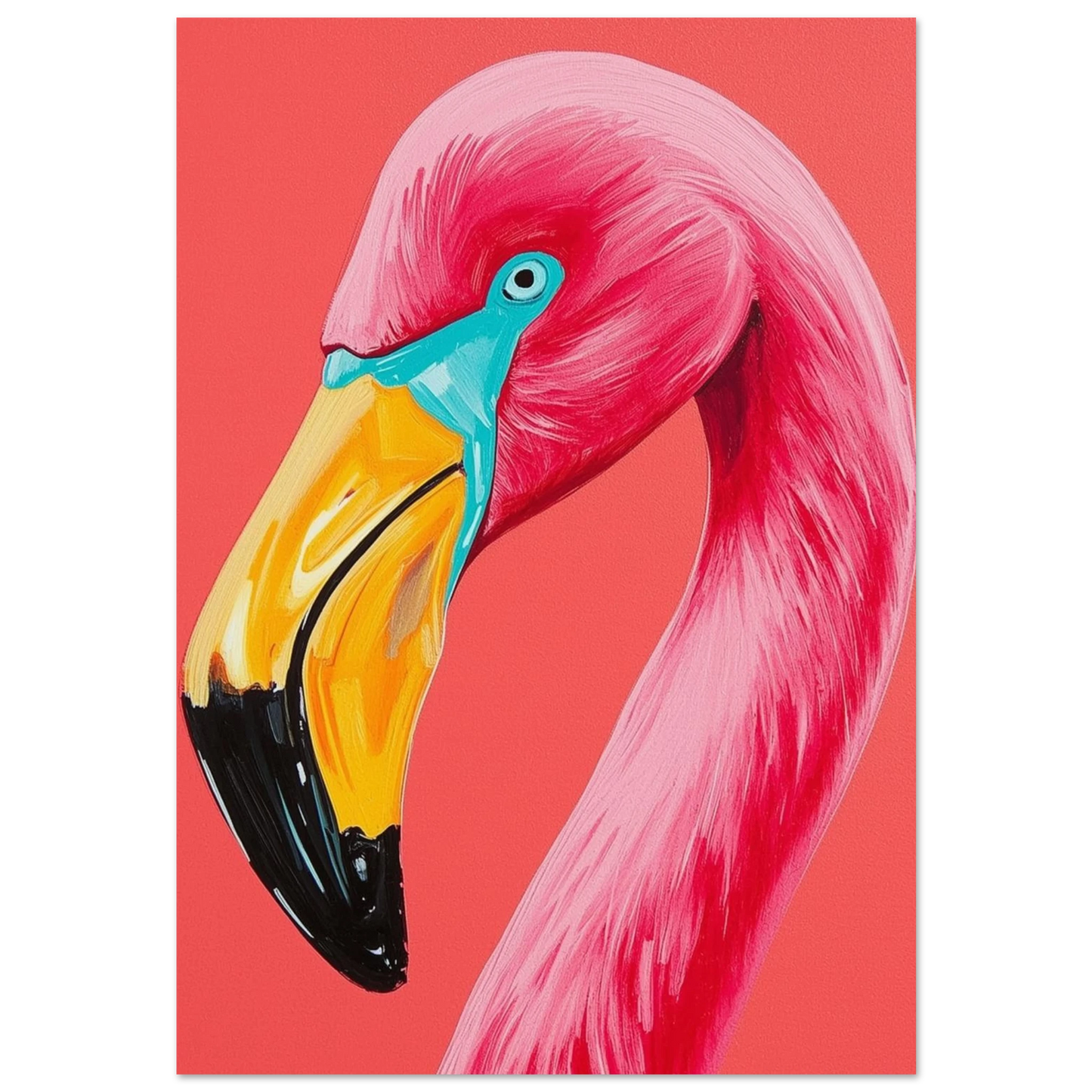Närbild av rosa flamingo med turkos näbbrot, pop art stil
