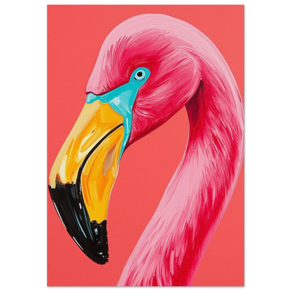Närbild av rosa flamingo med turkos näbbrot, pop art stil