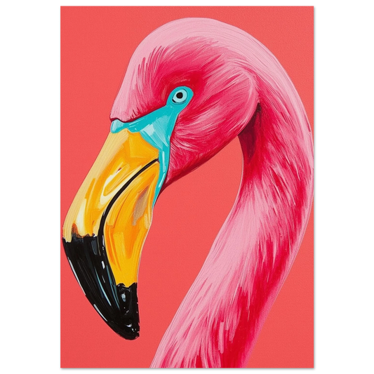 Närbild av rosa flamingo med turkos näbbrot, pop art stil