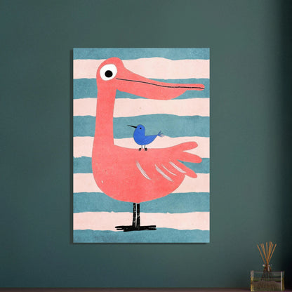 Lekfull flamingo med liten blå fågel, vänskapligt djurmotiv i pastellfärger.