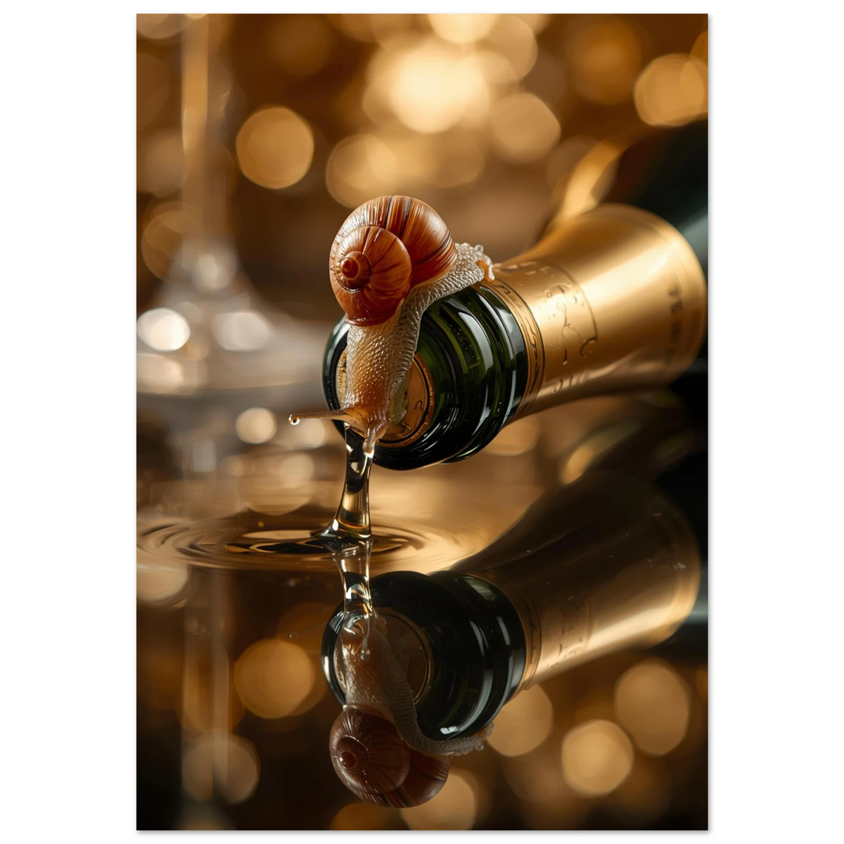 Makrofotografi av en snigel på en champagneflaska med guldreflektioner