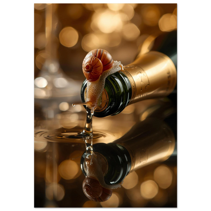 Makrofotografi av en snigel på en champagneflaska med guldreflektioner
