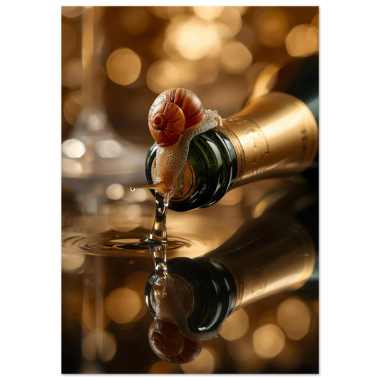 Makrofotografi av en snigel på en champagneflaska med guldreflektioner