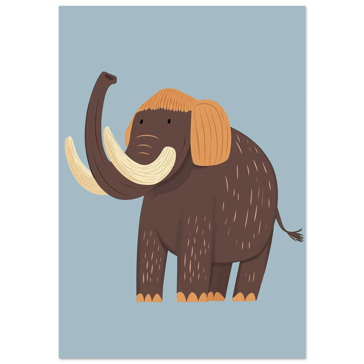 Brun ullig mammut med stora betar mot ljusblå bakgrund – barnposter