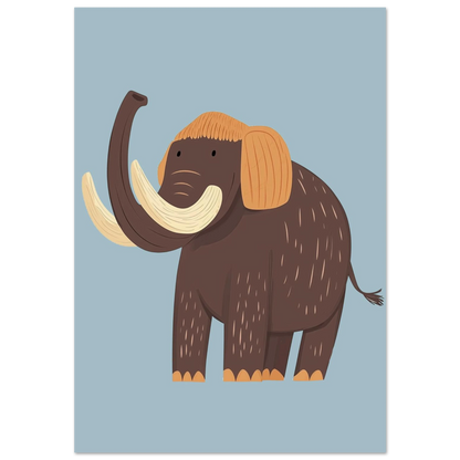 Brun ullig mammut med stora betar mot ljusblå bakgrund – barnposter
