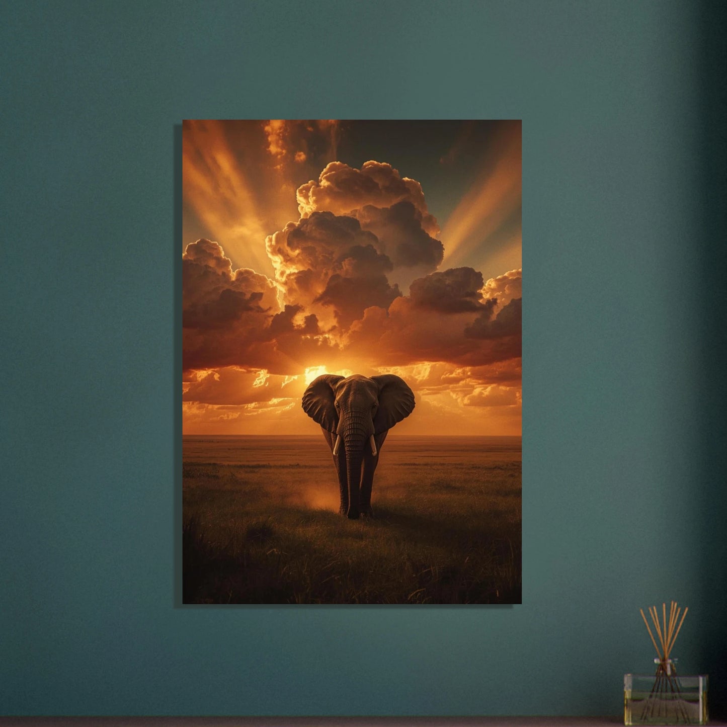 Majestätisk elefant i afrikansk savann vid solnedgång, dramatiska moln.