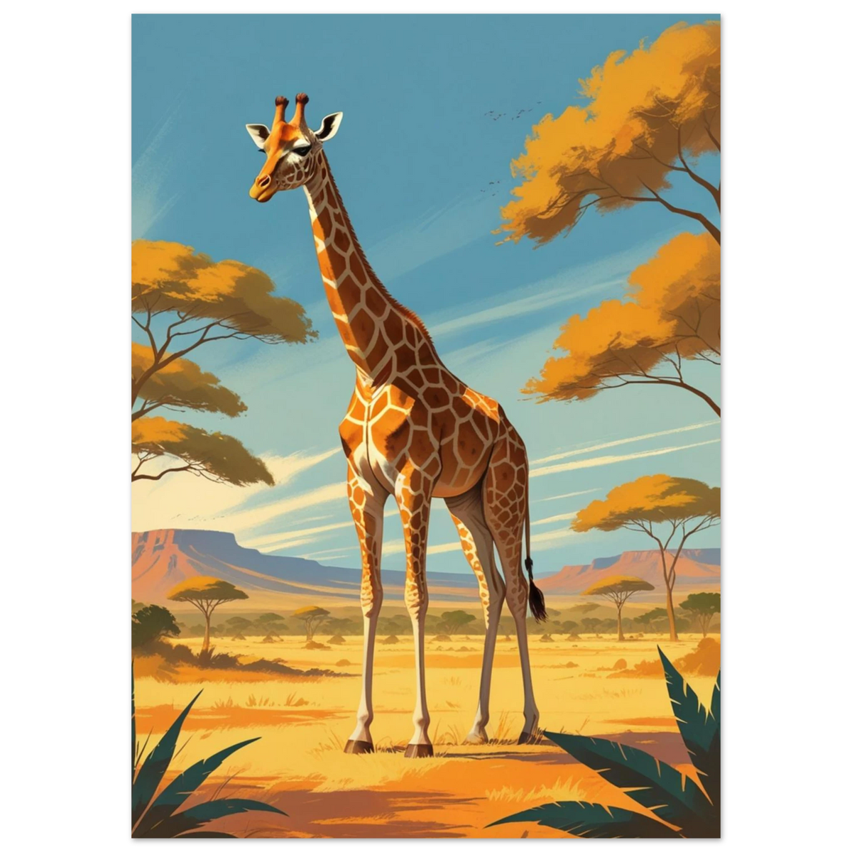 Illustration av giraff vid akaciaträd i afrikanskt landskap – retro naturmotiv
