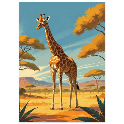 Illustration av giraff vid akaciaträd i afrikanskt landskap – retro naturmotiv