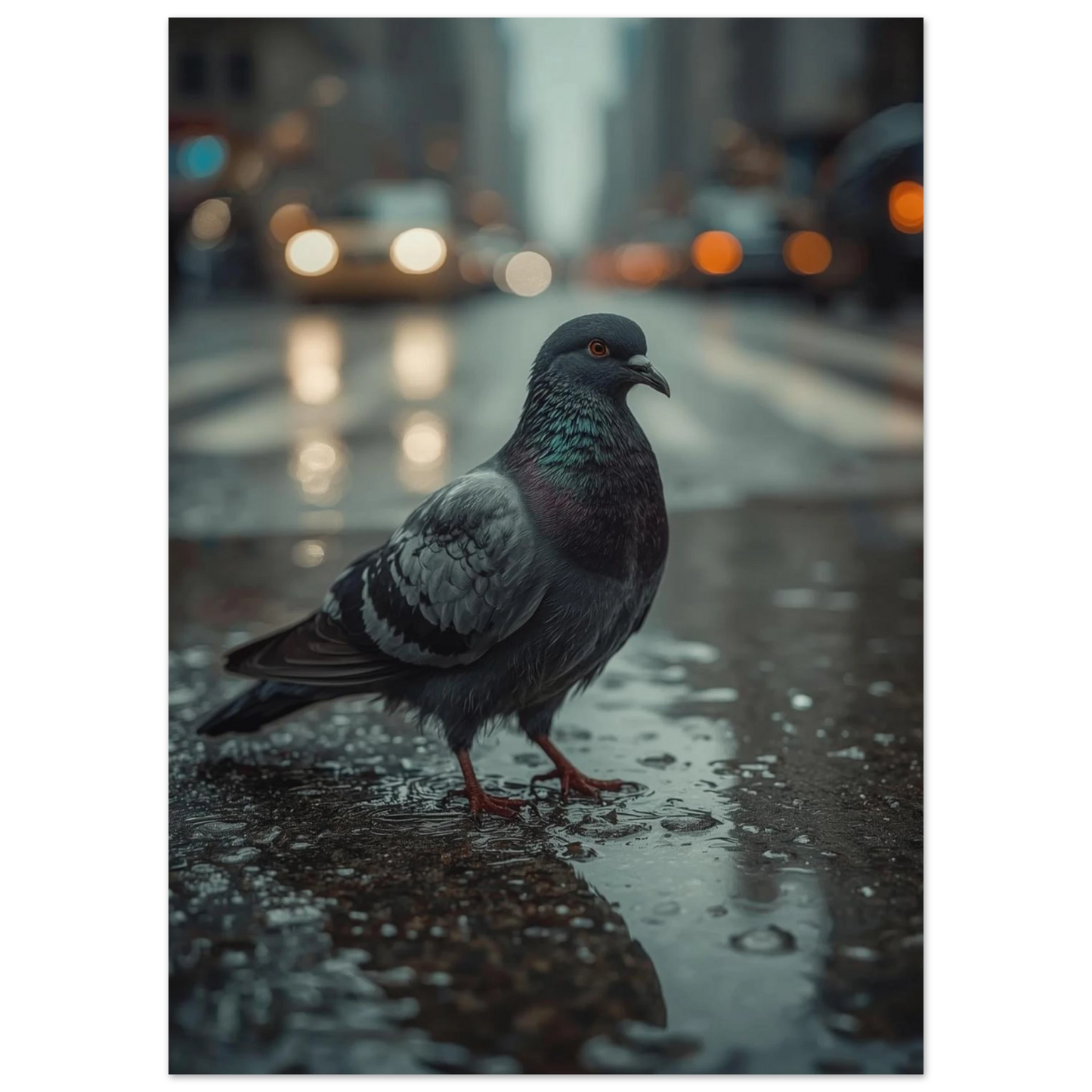 Urban fotokonst av en duva på våt gata med speglingar och stadsljus
