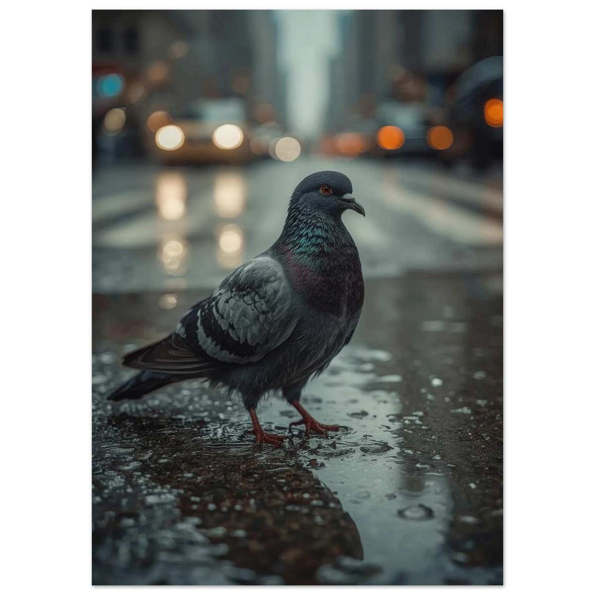 Urban fotokonst av en duva på våt gata med speglingar och stadsljus