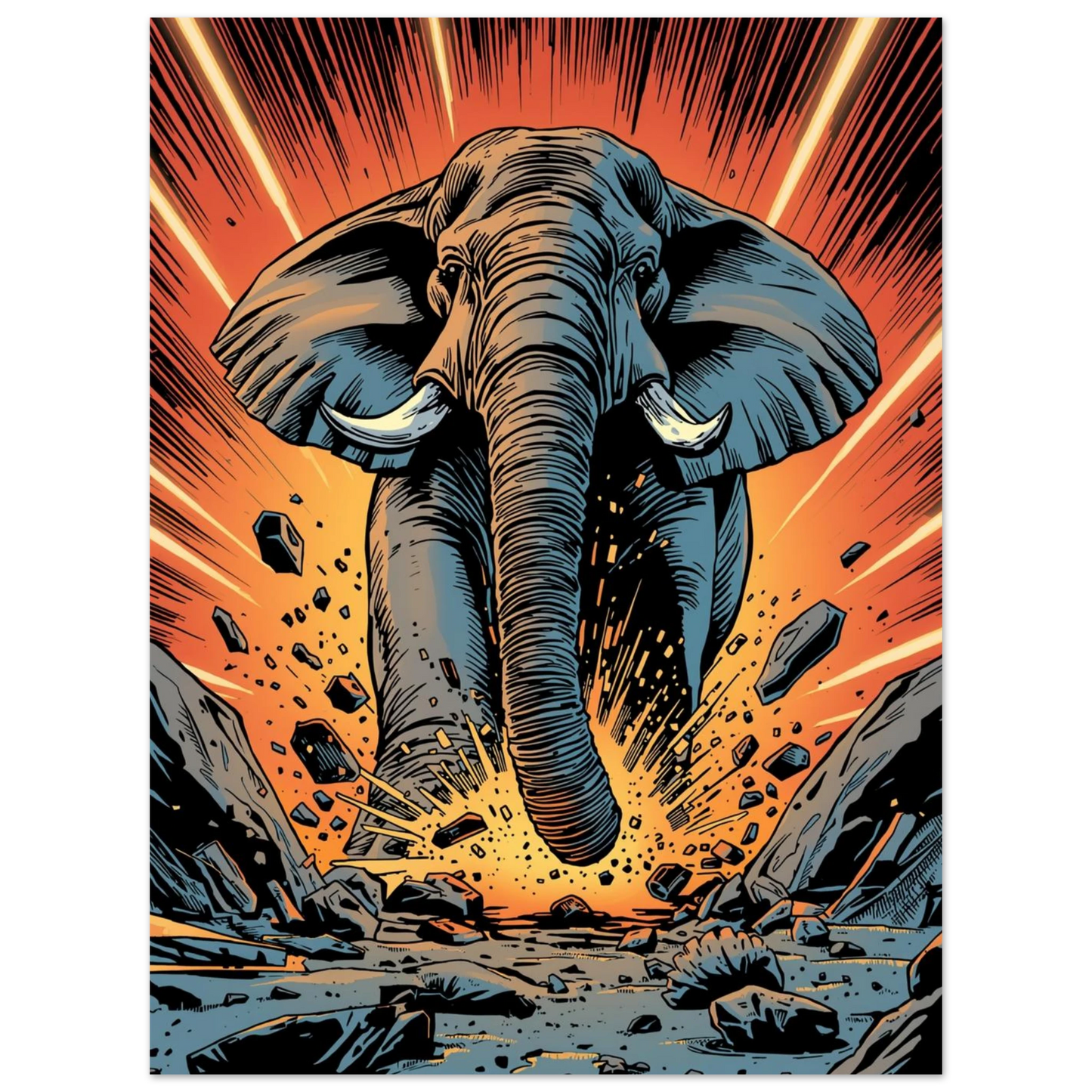 Dramatisk illustration av en elefant som stampar marken i bitar