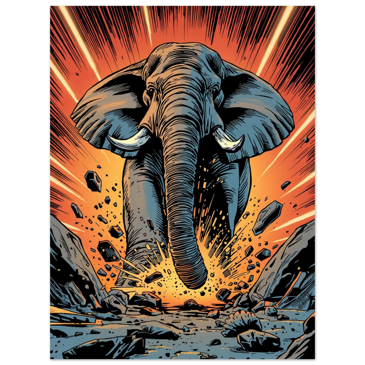 Dramatisk illustration av en elefant som stampar marken i bitar