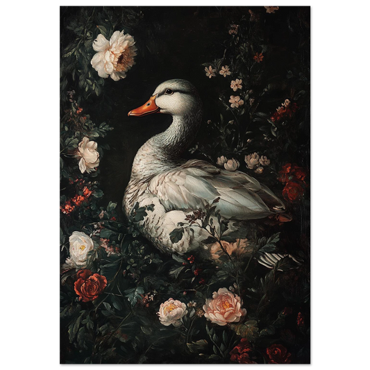 Oljemålning av vit anka omgiven av ljusrosa pioner och mörka blad