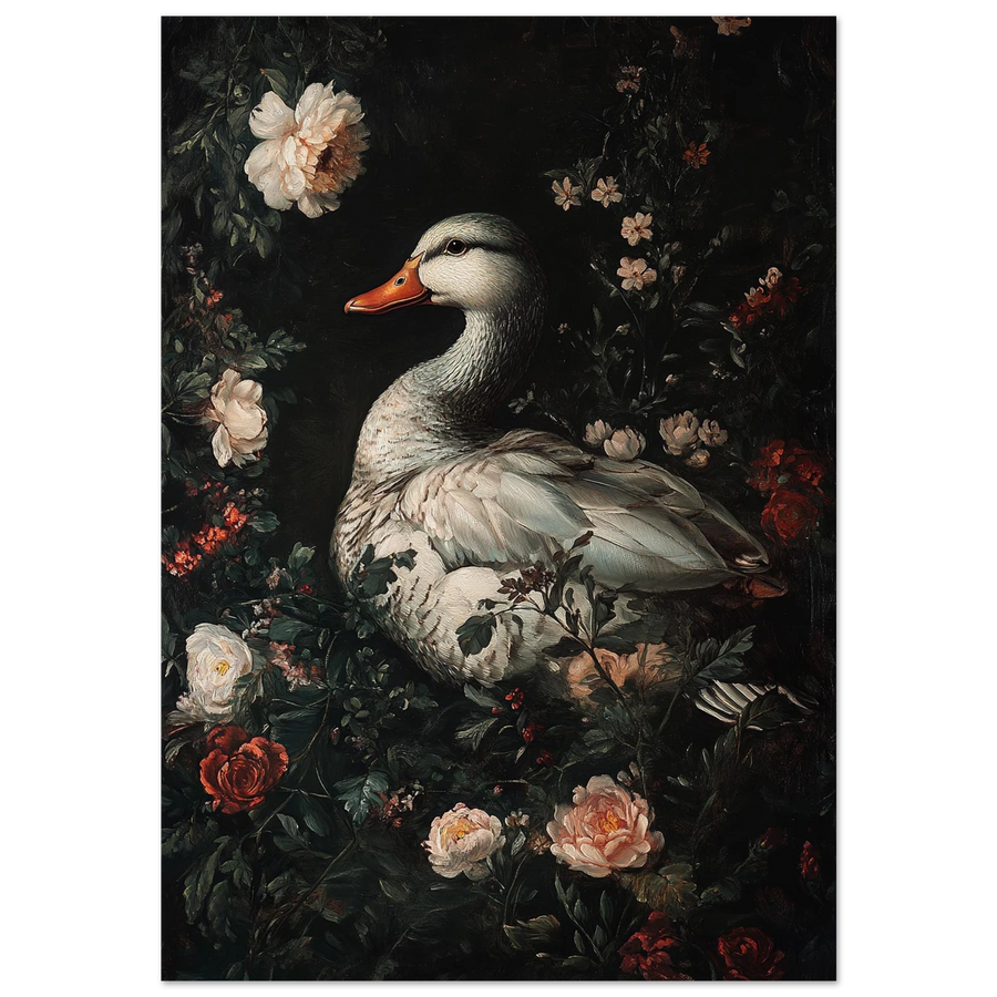 Oljemålning av vit anka omgiven av ljusrosa pioner och mörka blad