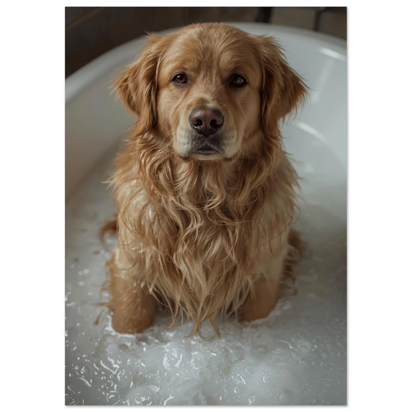 Närbild på en blöt Golden Retriever som sitter i ett bubbelbad