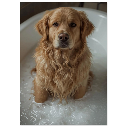 Närbild på en blöt Golden Retriever som sitter i ett bubbelbad