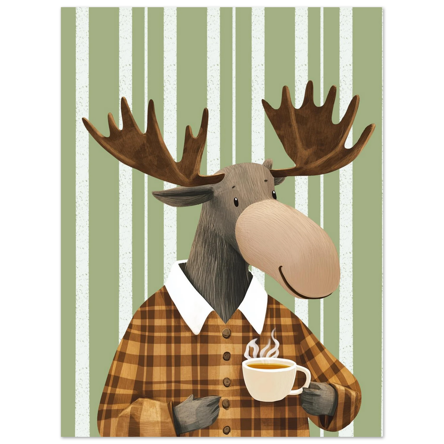 Detaljbild på tecknad älg med kaffekopp och rutig skjorta – Tecknad poster