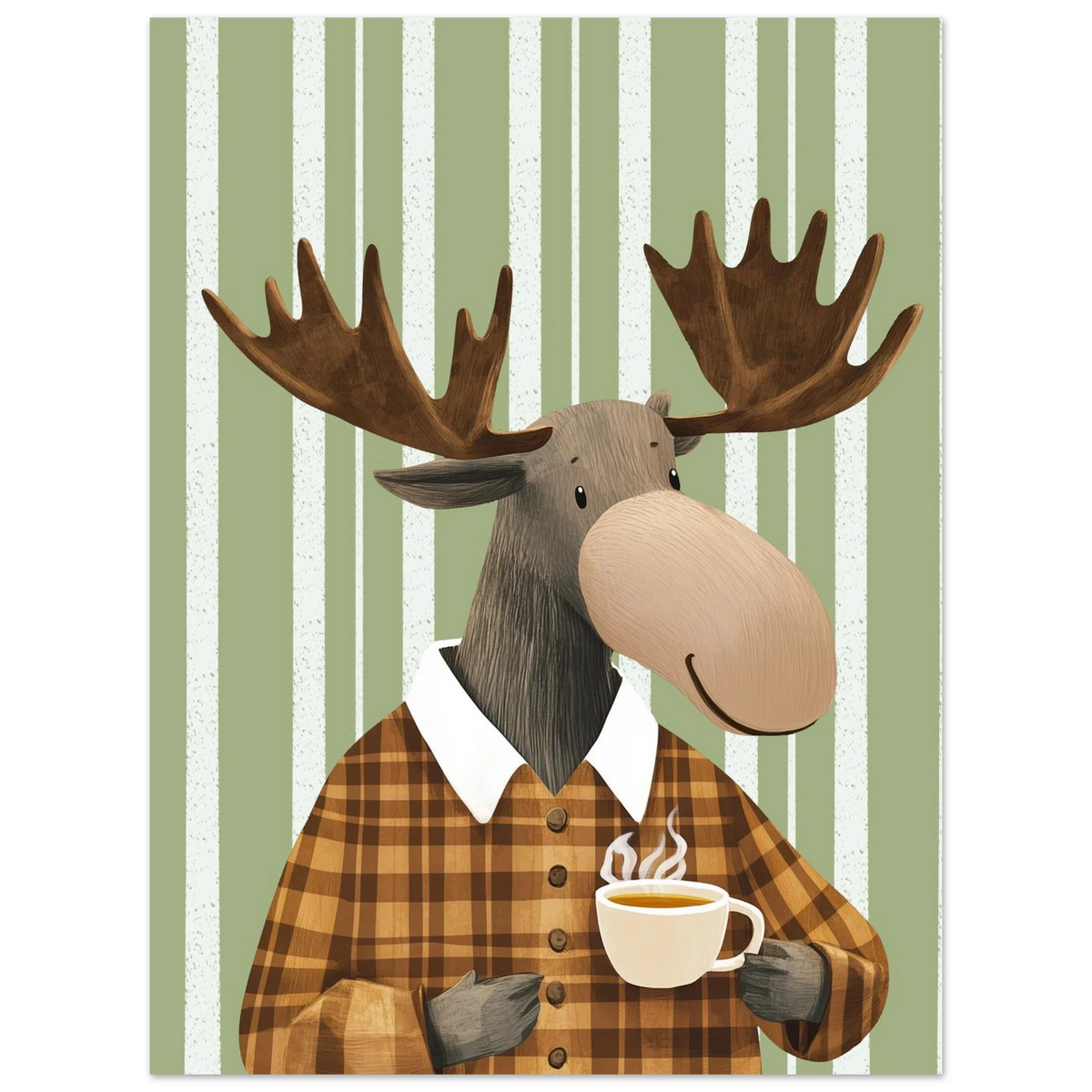 Detaljbild på tecknad älg med kaffekopp och rutig skjorta – Tecknad poster