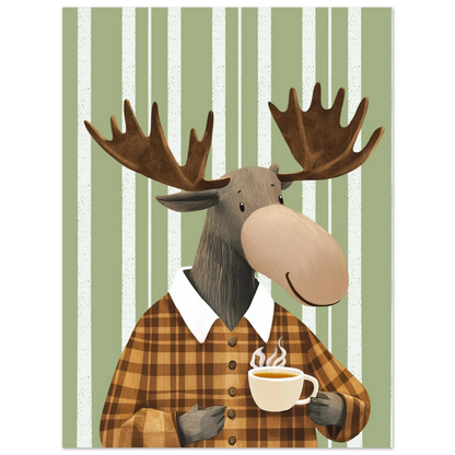 Detaljbild på tecknad älg med kaffekopp och rutig skjorta – Tecknad poster