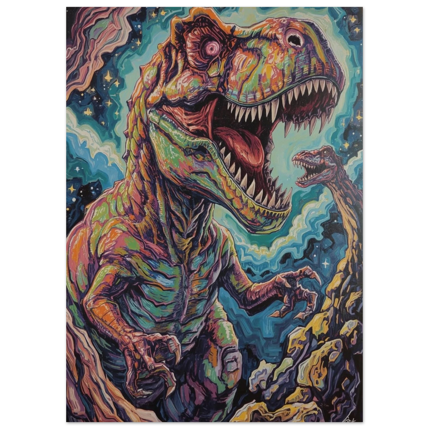 Abstrakt och färgstark T-Rex i en livlig, virvlande komposition