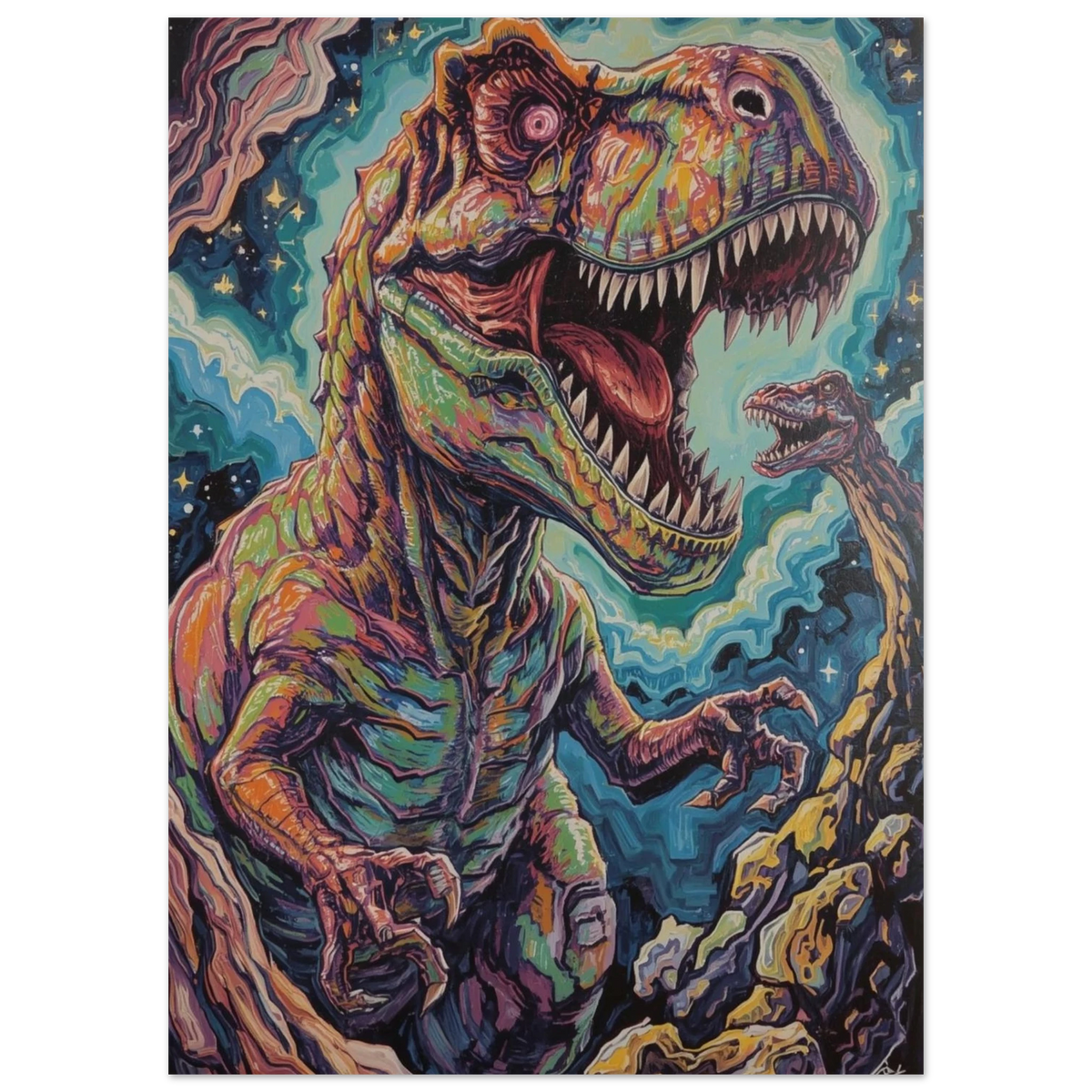Abstrakt och färgstark T-Rex i en livlig, virvlande komposition