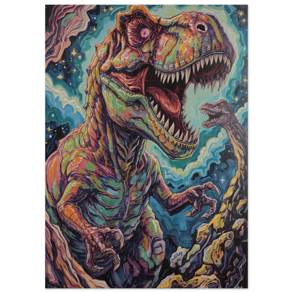 Abstrakt och färgstark T-Rex i en livlig, virvlande komposition