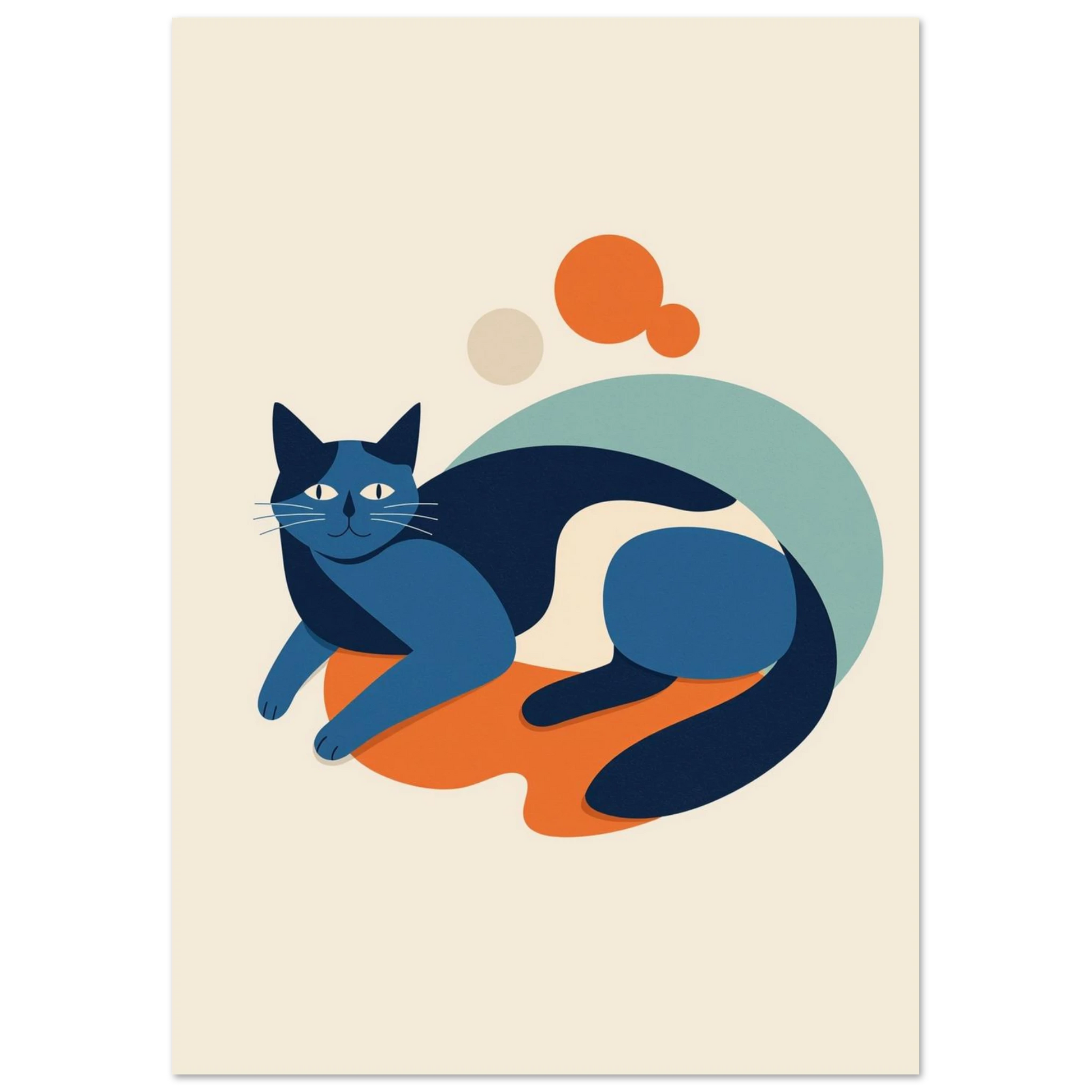Konstnärlig djurposter föreställande en lugn blå katt i minimalistisk cut-out stil