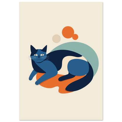 Konstnärlig djurposter föreställande en lugn blå katt i minimalistisk cut-out stil