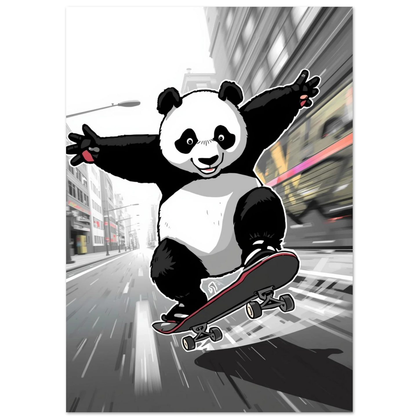 Actionfylld illustration av en skejtande panda – modern svartvit väggkonst