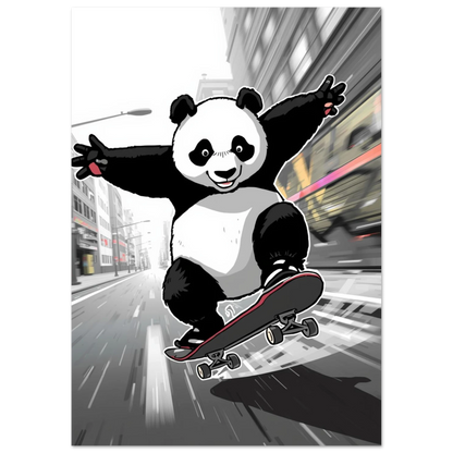 Actionfylld illustration av en skejtande panda – modern svartvit väggkonst