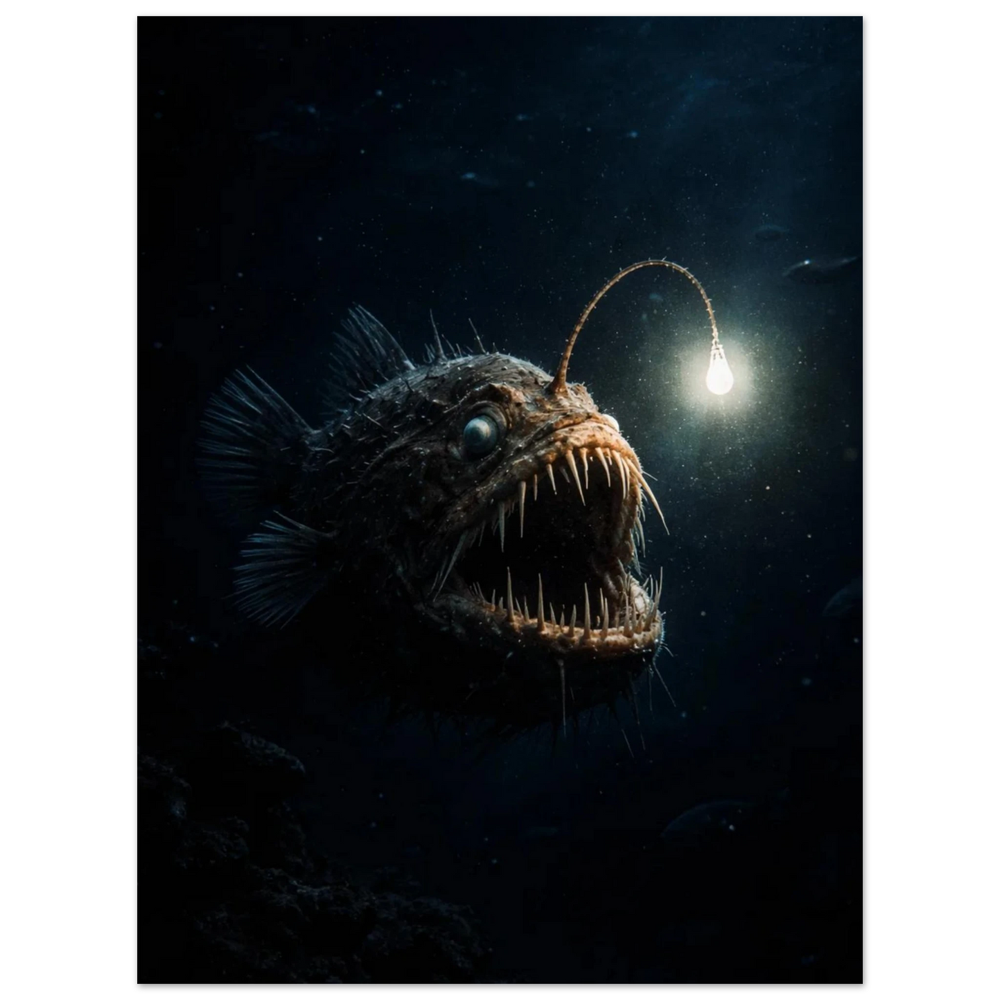 Närbild på hotfull marulk med öppna käftar och vassa tänder i djupt, mörkt vatten – Fotorealistisk poster