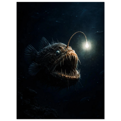 Närbild på hotfull marulk med öppna käftar och vassa tänder i djupt, mörkt vatten – Fotorealistisk poster