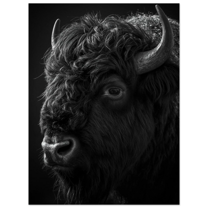 Kraftfull bisonoxe porträtterad mot svart bakgrund – konstnärlig djurtavla