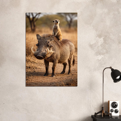 Poster med vårtsvin och surikat monterad på vägg med skrivbordslampa – Fotorealistisk poster