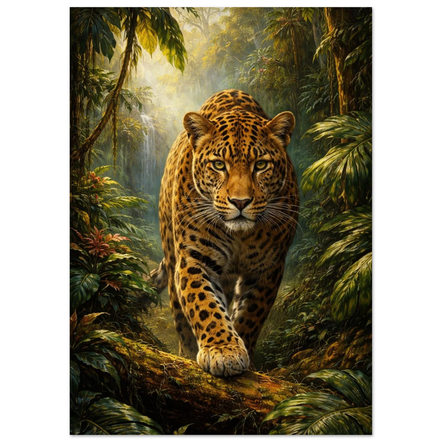 Översiktsbild av leopard i djungel, med blick mot betraktaren – Målad poster