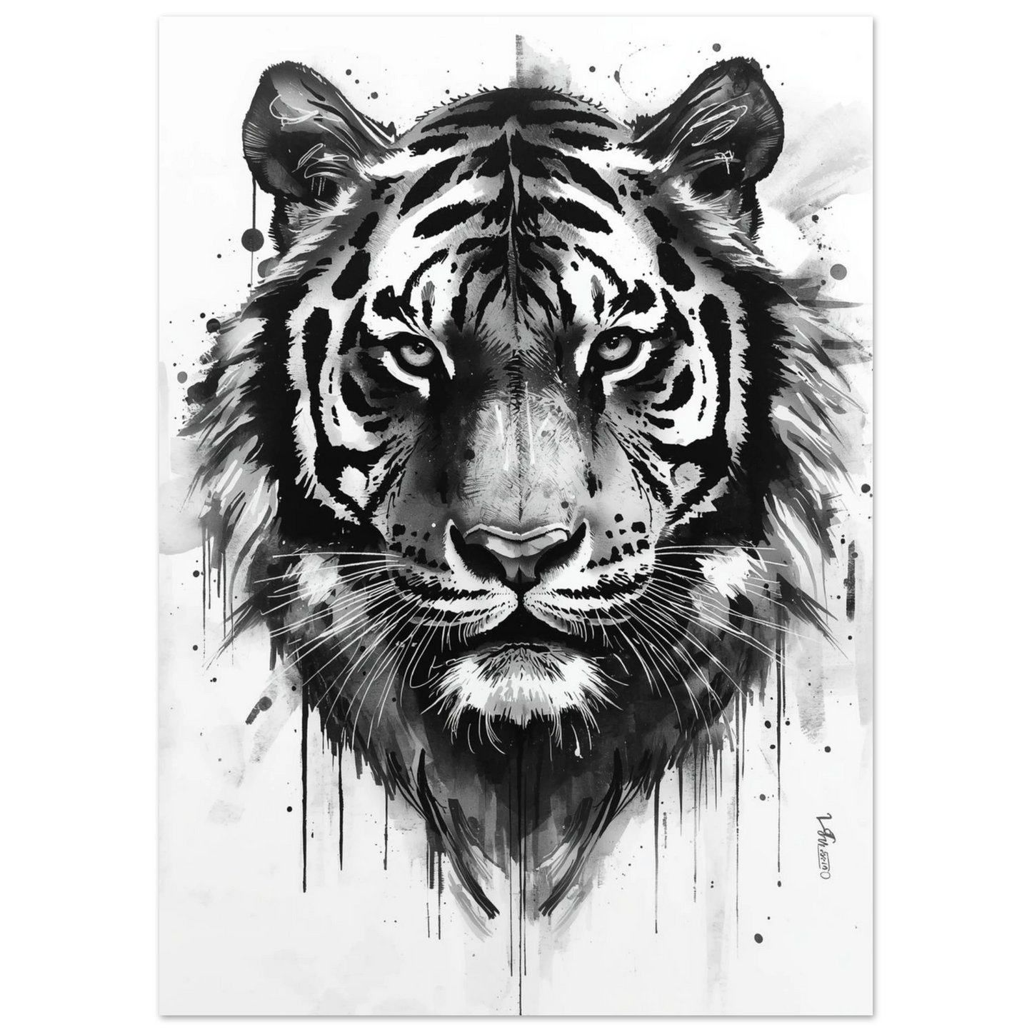 Närbild av tigeransikte i konstnärlig svartvit illustration med stänk av bläck