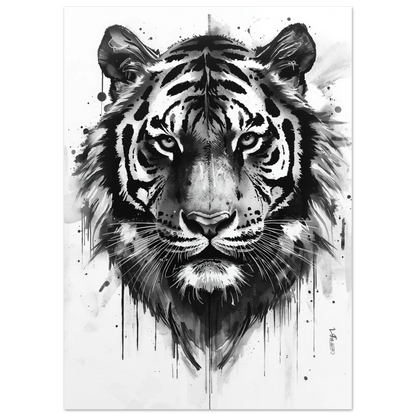 Närbild av tigeransikte i konstnärlig svartvit illustration med stänk av bläck