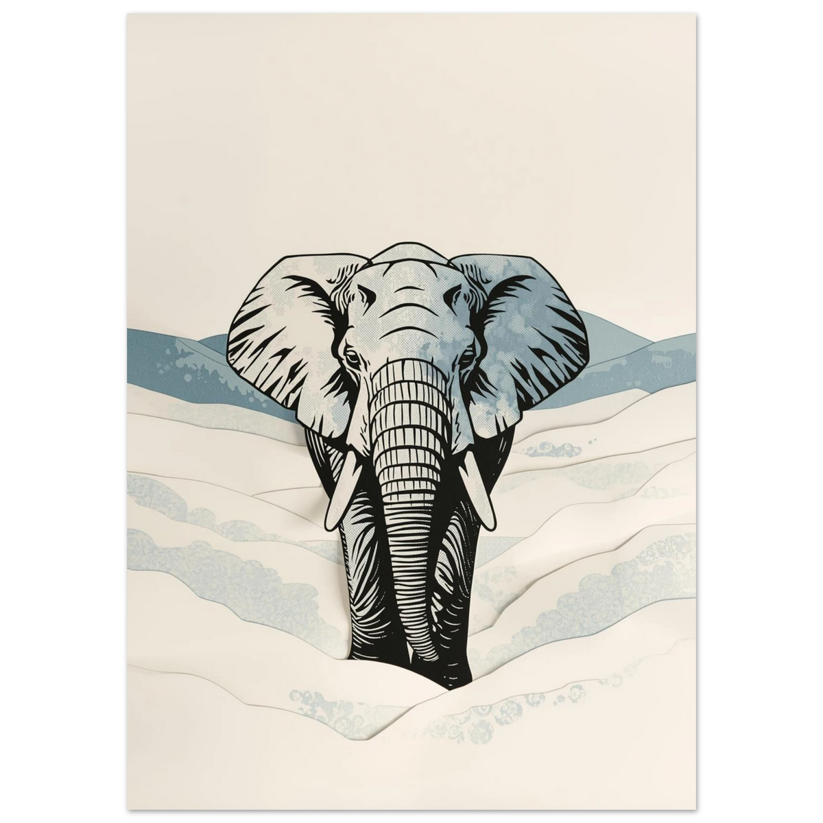 Närbild på elefantens vinterdröm, illustration med blå och svarta detaljer