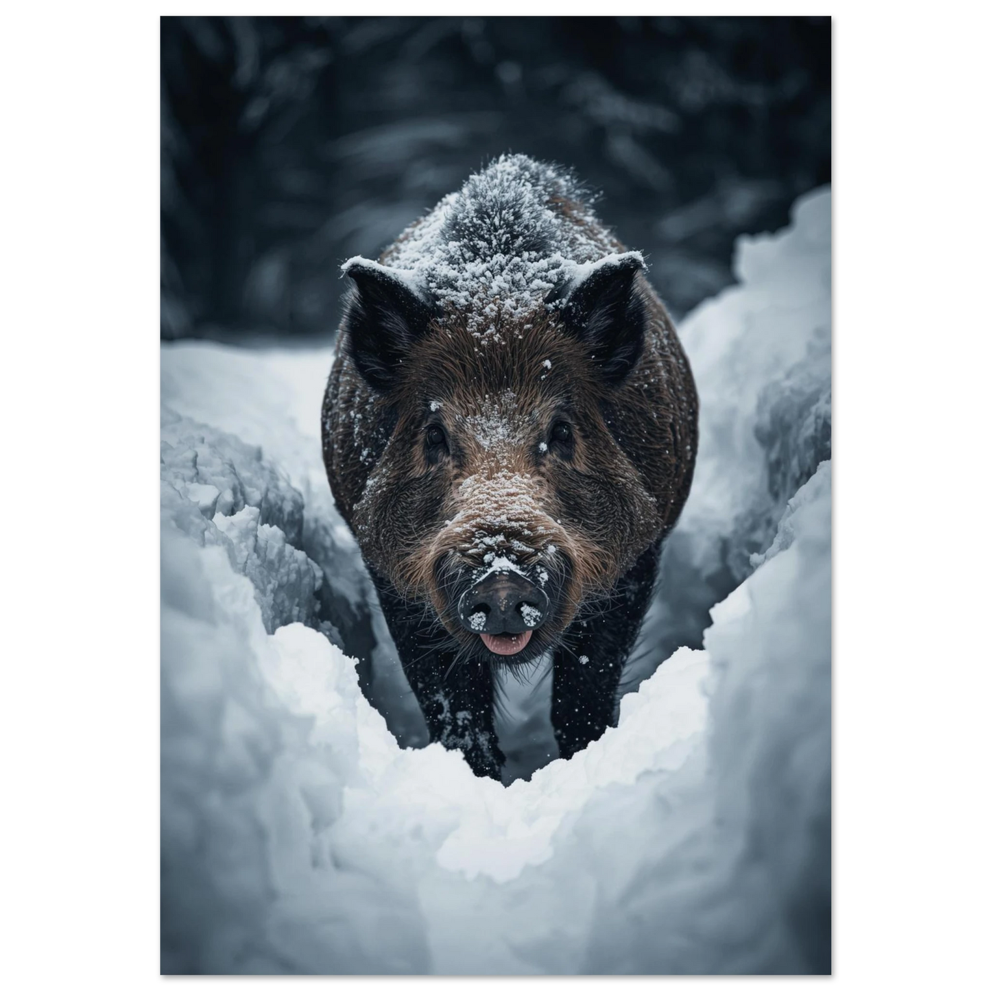 Vildsvin som plöjer genom djup vit snö, fotorealistisk djurposter