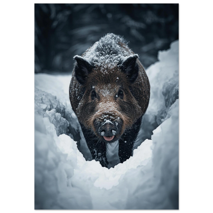 Vildsvin som plöjer genom djup vit snö, fotorealistisk djurposter