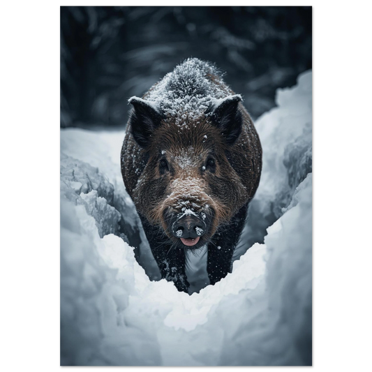 Vildsvin som plöjer genom djup vit snö, fotorealistisk djurposter