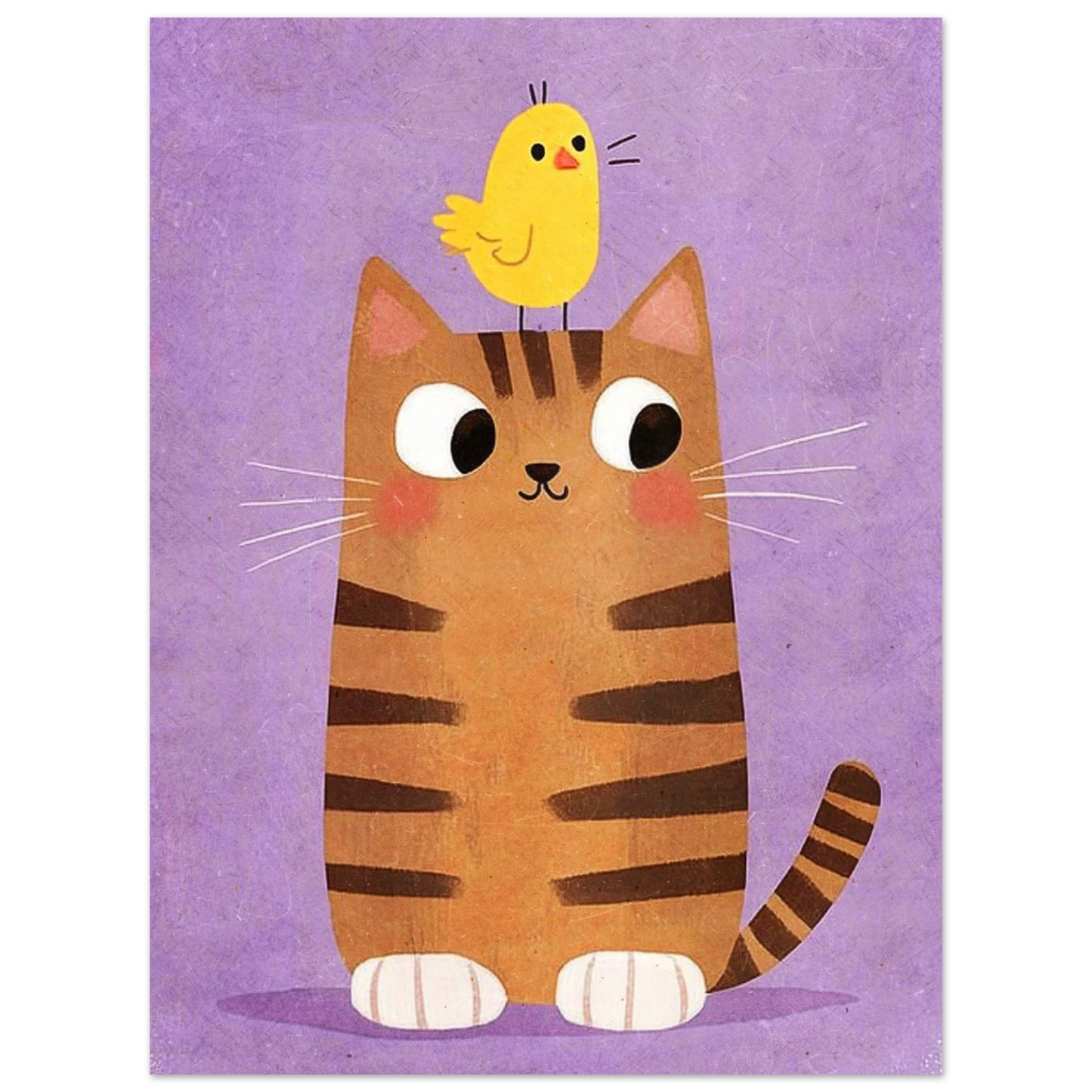 Texturerad illustration av en harmonisk vänskap mellan katt och fågel
