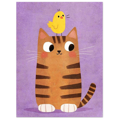 Texturerad illustration av en harmonisk vänskap mellan katt och fågel
