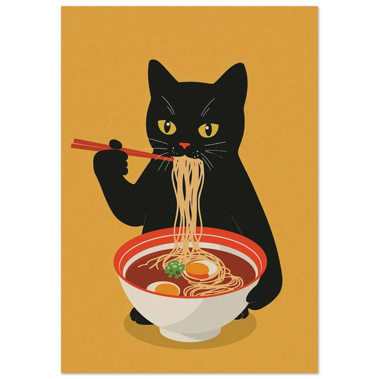 Svart katt som äter nudlar ur en ramenskål med ätpinnar – Tecknad poster