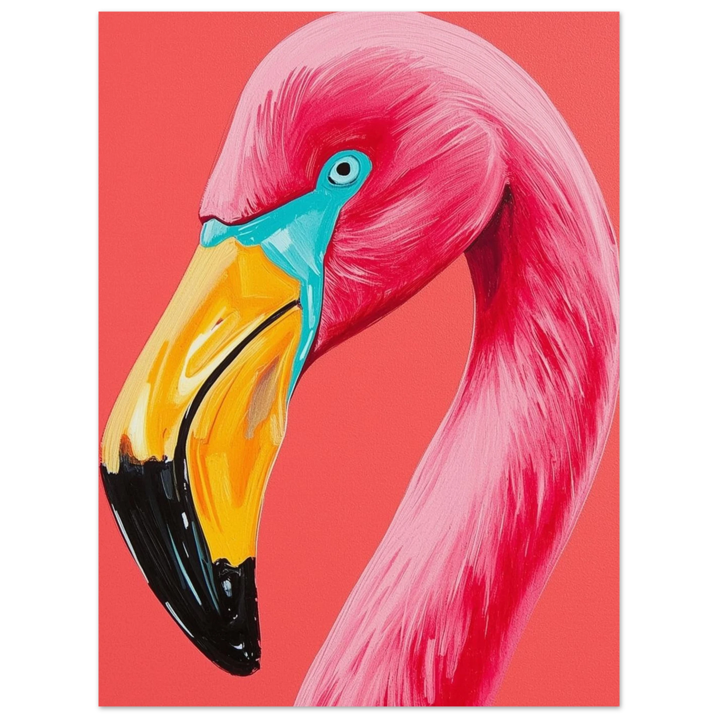 Rosa djurmotiv föreställande en flamingo med svarta och gula detaljer