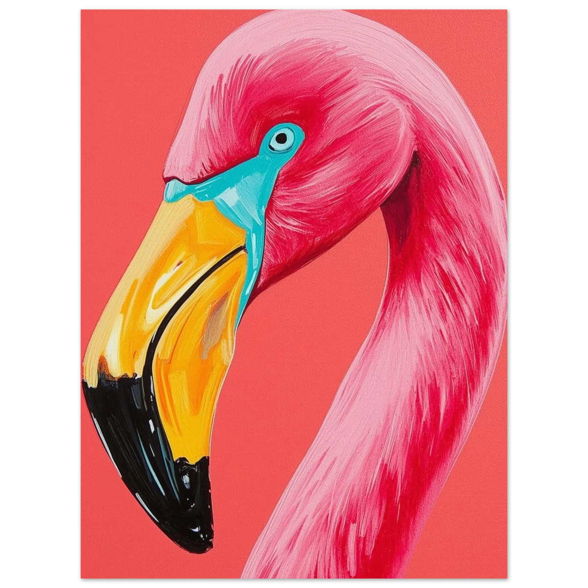 Rosa djurmotiv föreställande en flamingo med svarta och gula detaljer