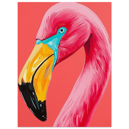 Rosa djurmotiv föreställande en flamingo med svarta och gula detaljer